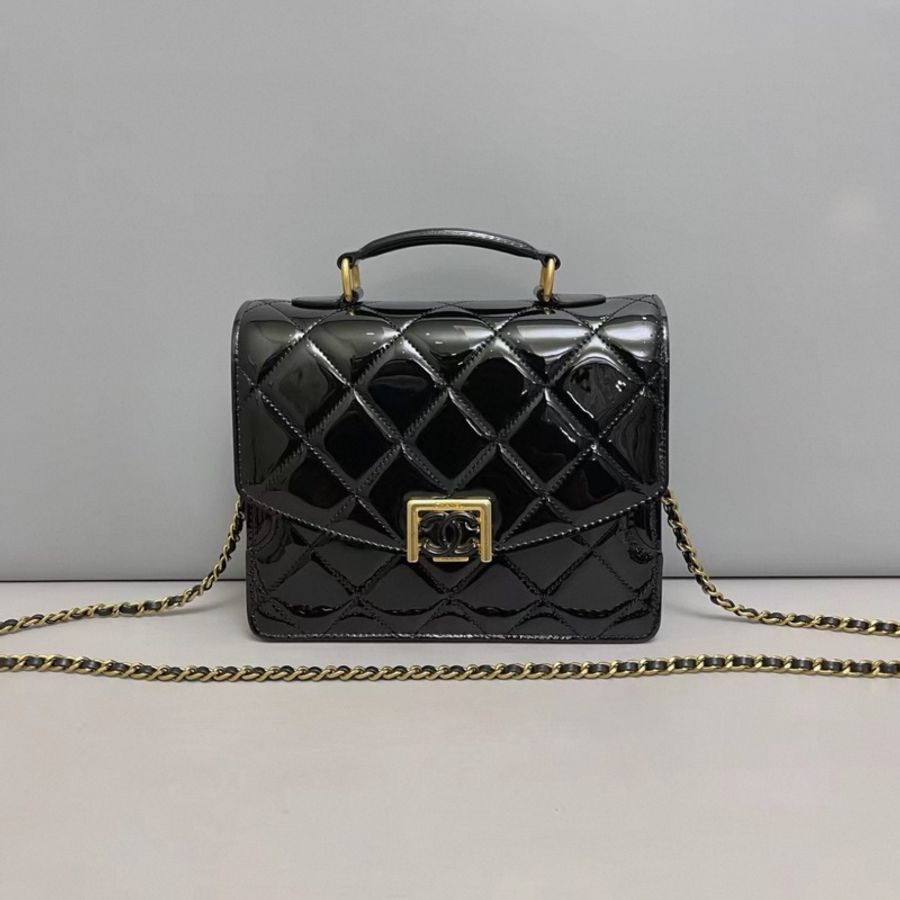 Chanel香奈兒 黑金漆皮菱格郵差包 芯片款-0