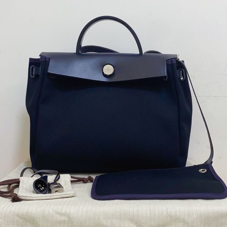 999新愛馬仕 HERMES Herbag 單肩包 S4 深邃藍 帆布拼牛皮 尺寸:31 銀扣K刻。-0