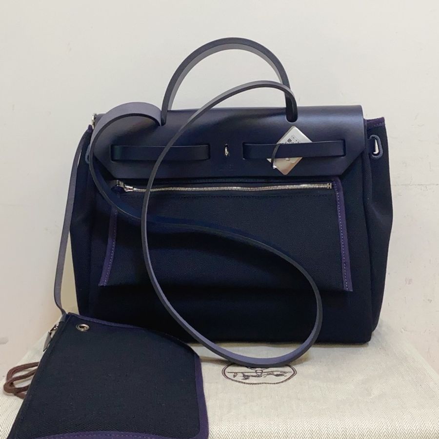 999新愛馬仕 HERMES Herbag 單肩包 S4 深邃藍 帆布拼牛皮 尺寸:31 銀扣K刻。-1