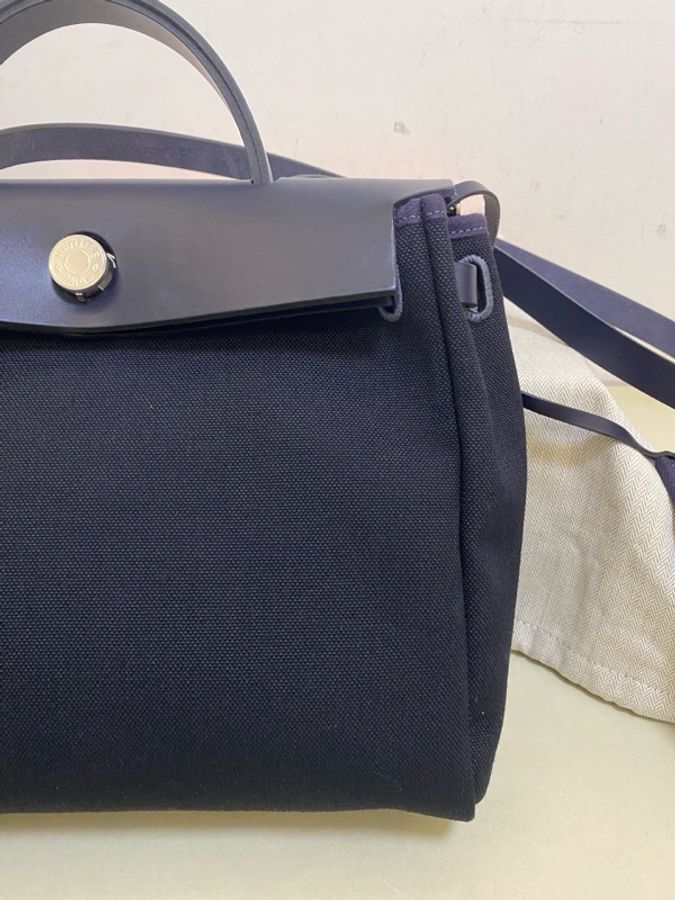 999新愛馬仕 HERMES Herbag 單肩包 S4 深邃藍 帆布拼牛皮 尺寸:31 銀扣K刻。-13
