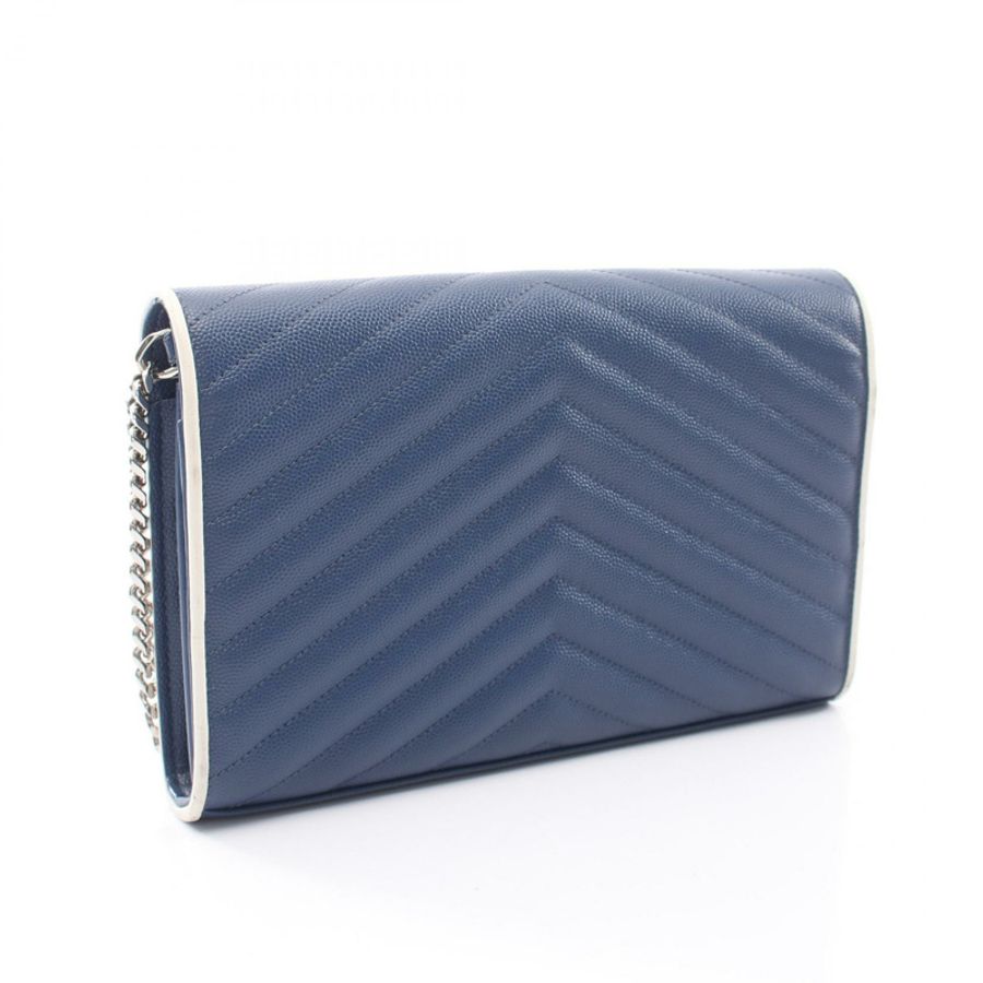 SAINT LAURENT PARIS Cassandra 鏈條肩背包 377828 皮革 海軍藍 白色 二手-1