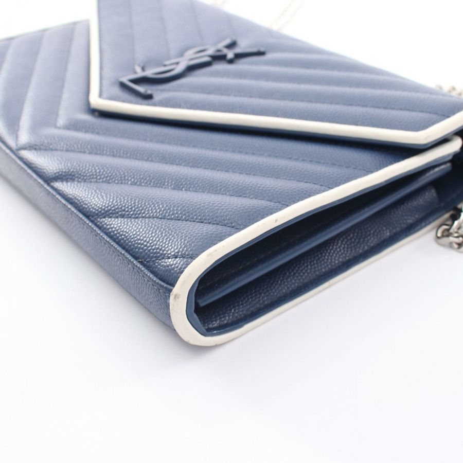 SAINT LAURENT PARIS Cassandra 鏈條肩背包 377828 皮革 海軍藍 白色 二手-4