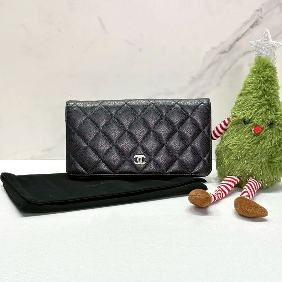 CHANEL 銀扣荔枝牛皮對折長夾-0