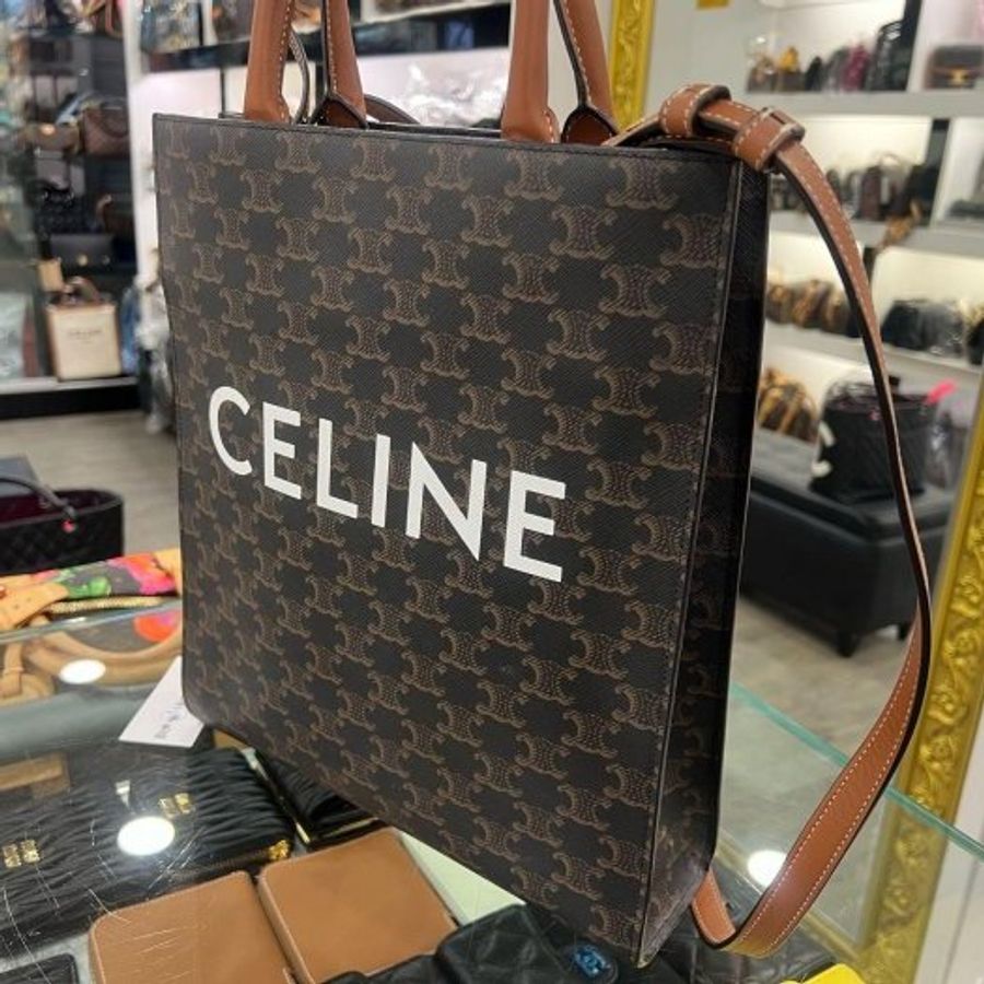 東區正精品㊣CELINE TRIANGLE CABAS 老花凱旋門白色字母直式琴譜包手提包斜背包兩用包 RA1869-3