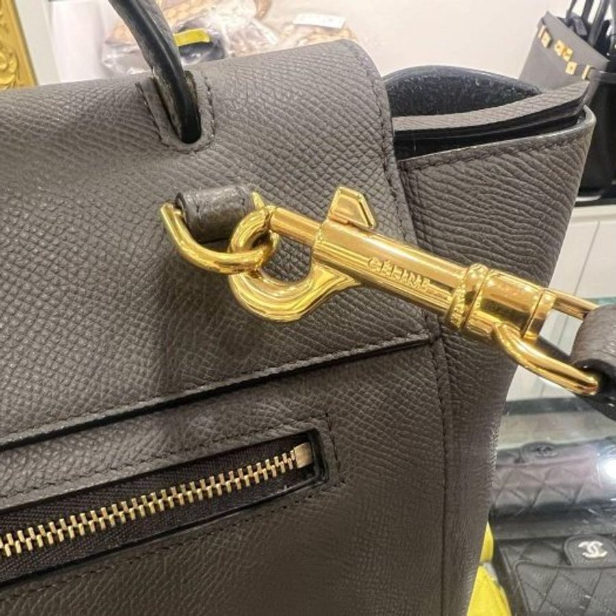 東區正精品㊣CELINE 深灰色牛皮金釦拉鍊鯰魚包手提包肩背包 RA1868-1