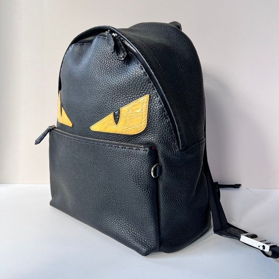 FENDI 黑色 小牛皮 鱷魚皮 黃 眼睛 怪獸 雙肩 後背包 7VZ012-1