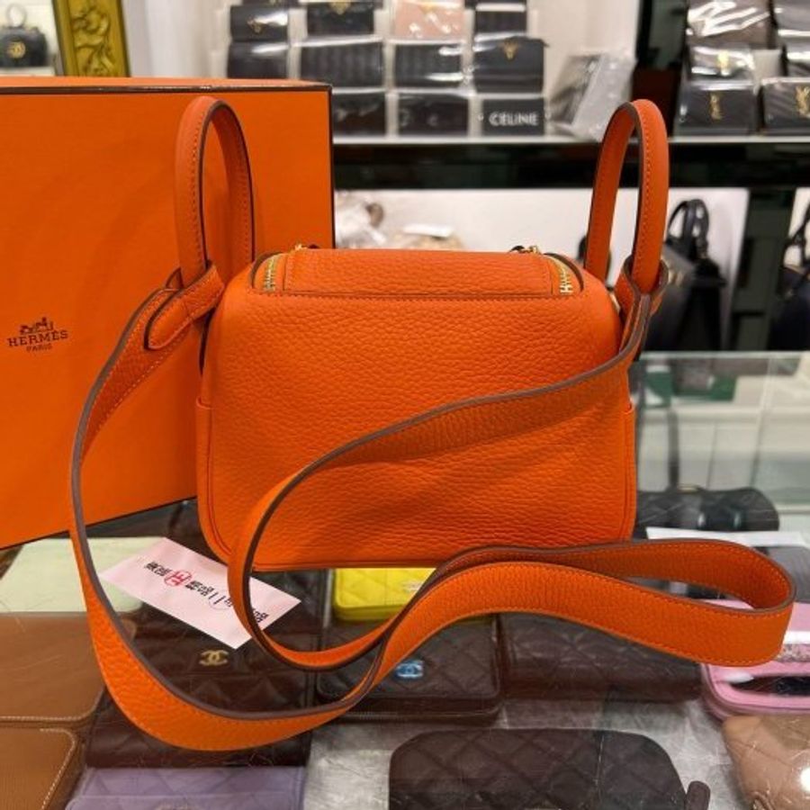 東區正精品㊣HERMES MINI LINDY 20cm 愛馬仕火焰橘色全皮金釦手提包斜背包迷你兩用包 Z刻 RZ6538-6