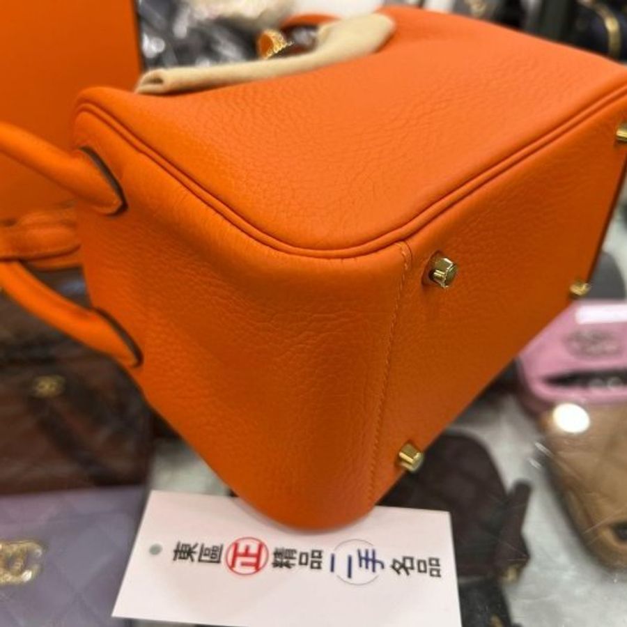 東區正精品㊣HERMES MINI LINDY 20cm 愛馬仕火焰橘色全皮金釦手提包斜背包迷你兩用包 Z刻 RZ6538-11