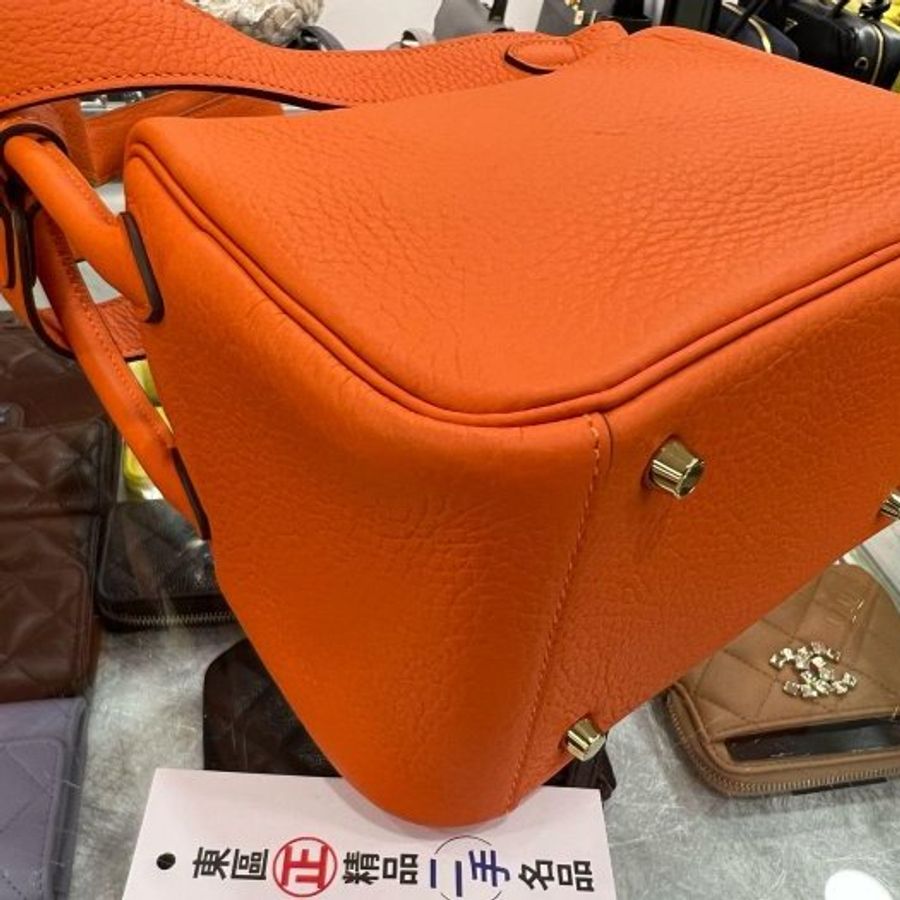 東區正精品㊣HERMES MINI LINDY 20cm 愛馬仕火焰橘色全皮金釦手提包斜背包迷你兩用包 Z刻 RZ6538-13