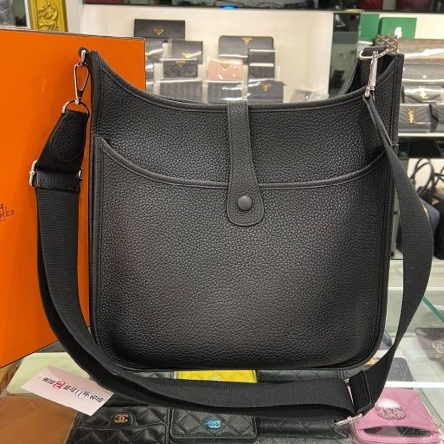 東區正精品㊣HERMES EVELYNE 33cm 愛馬仕黑色全皮H 洞洞銀釦斜背包 T刻 RZ6539-3