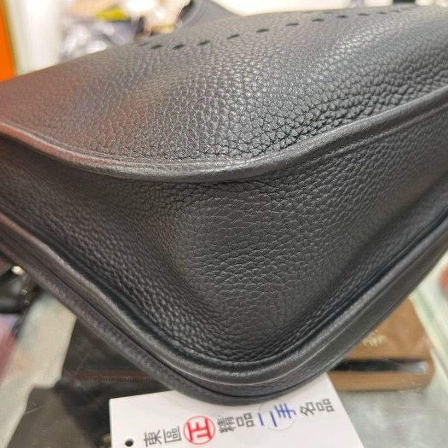 東區正精品㊣HERMES EVELYNE 33cm 愛馬仕黑色全皮H 洞洞銀釦斜背包 T刻 RZ6539-7