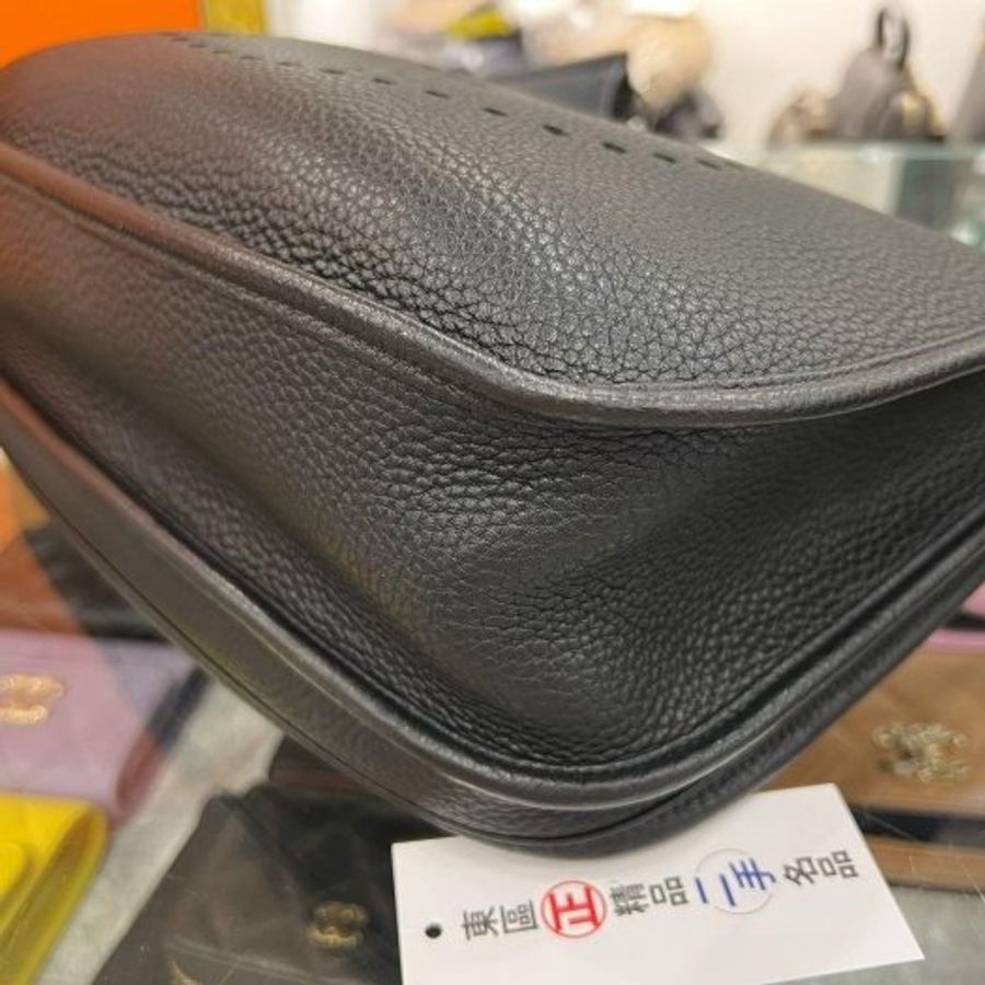 東區正精品㊣HERMES EVELYNE 33cm 愛馬仕黑色全皮H 洞洞銀釦斜背包 T刻 RZ6539-8