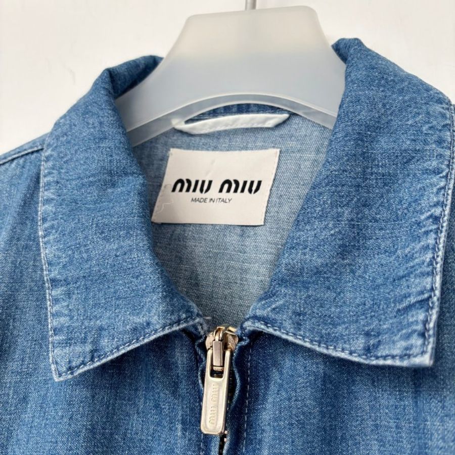 ::CELINE:: 深色單寧學生布束腰外套字母刺繡 拉鍊夾克 40號-5