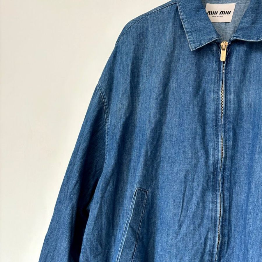 ::CELINE:: 深色單寧學生布束腰外套字母刺繡 拉鍊夾克 40號-9