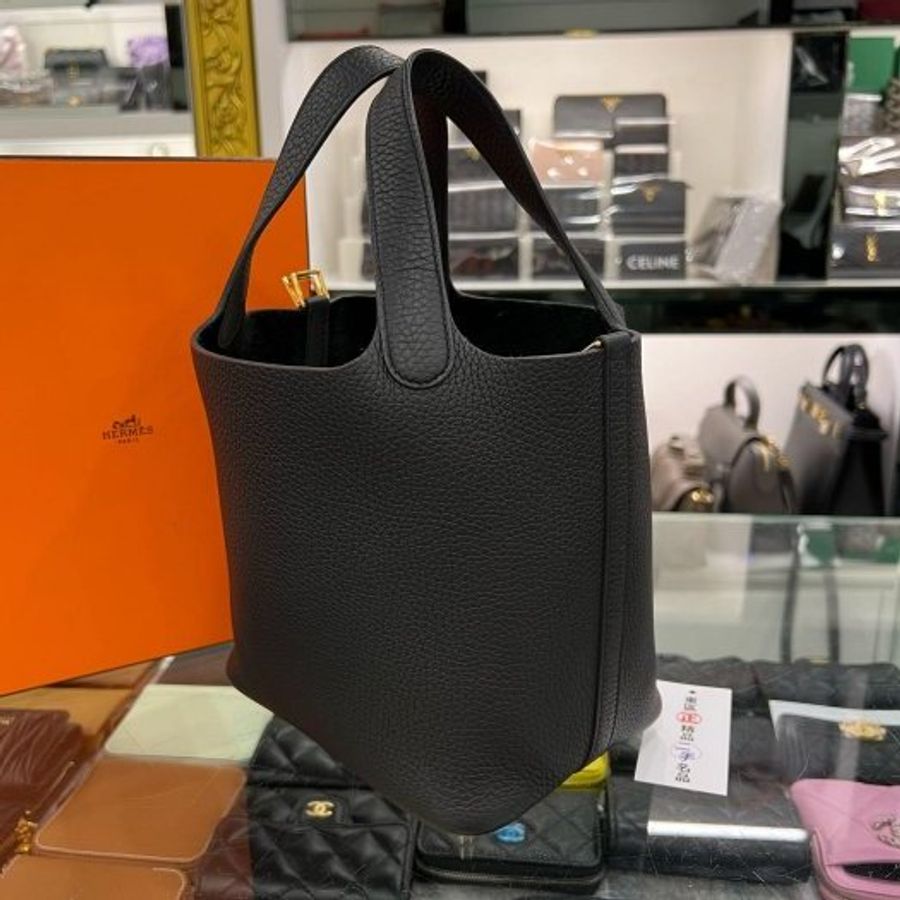 東區正精品㊣HERMES PICOTIN 18cm 愛馬仕黑色金釦水桶袋包鎖頭包手提包 Z刻 RZ6541-1