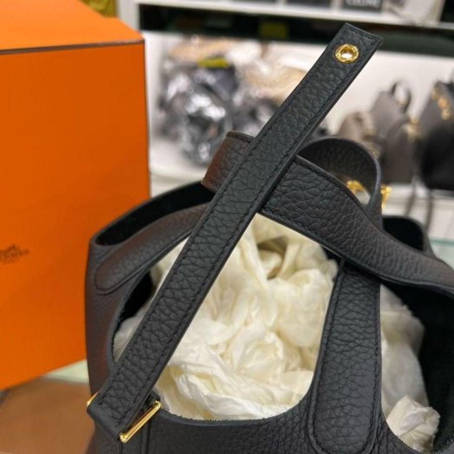 東區正精品㊣HERMES PICOTIN 18cm 愛馬仕黑色金釦水桶袋包鎖頭包手提包 Z刻 RZ6541-2