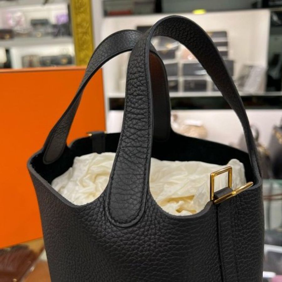 東區正精品㊣HERMES PICOTIN 18cm 愛馬仕黑色金釦水桶袋包鎖頭包手提包 Z刻 RZ6541-3
