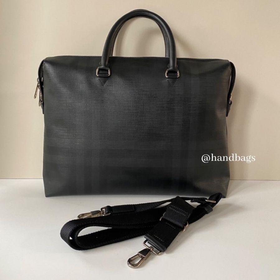 Burberry 灰黑 格紋 防水材質 拉鍊 手提 側背 兩用 公事包 8013986-0