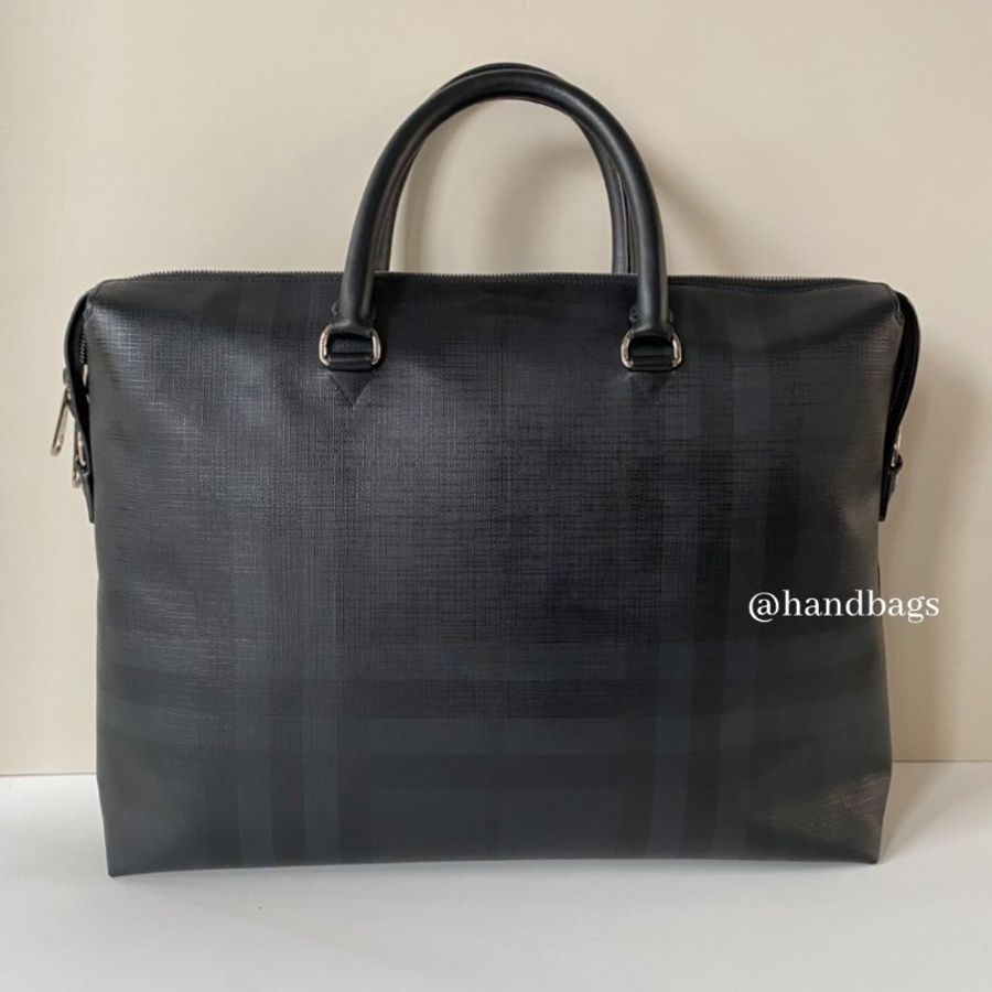 Burberry 灰黑 格紋 防水材質 拉鍊 手提 側背 兩用 公事包 8013986-1