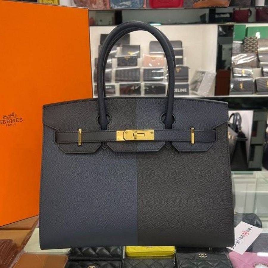 東區正精品㊣HERMES Birkin 30cm Sellier 近全新愛馬仕黑色弗裏達藍色靛藍色拼接三色金釦外縫柏金手提包 Z刻 RZ6540-0