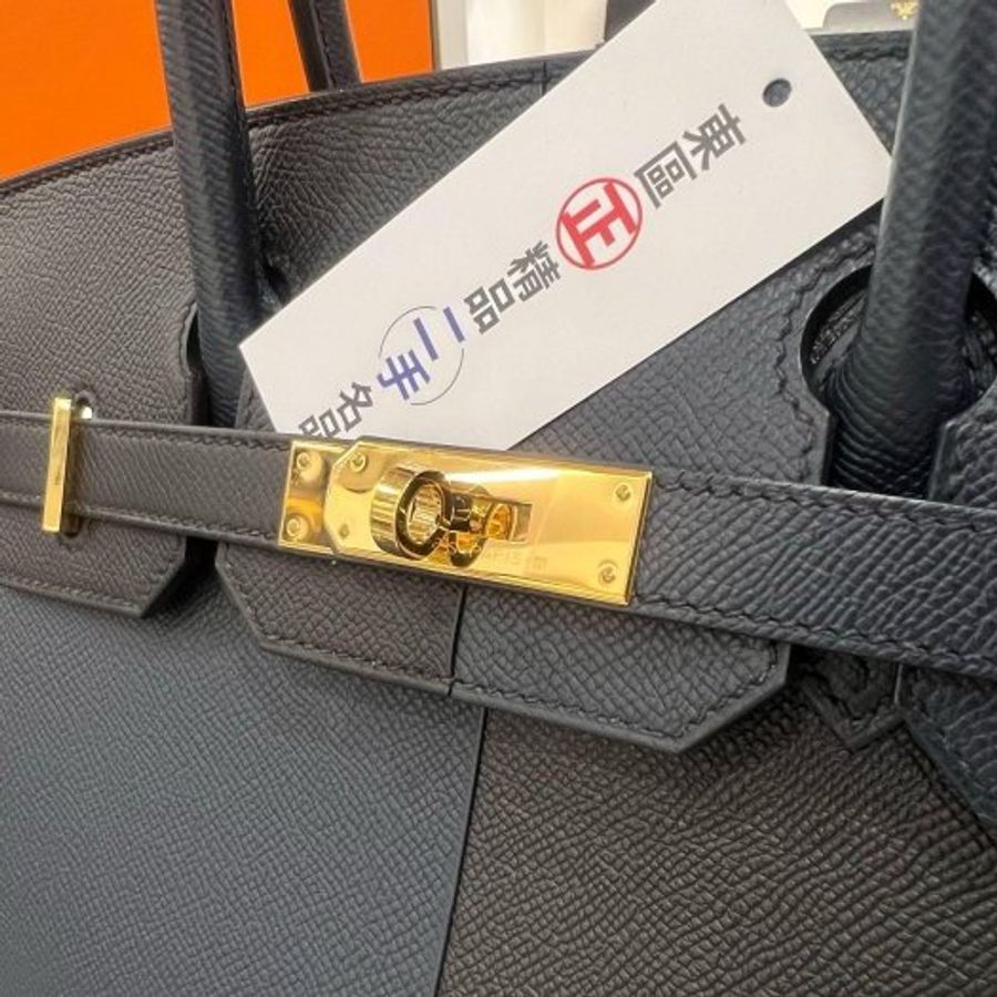 東區正精品㊣HERMES Birkin 30cm Sellier 近全新愛馬仕黑色弗裏達藍色靛藍色拼接三色金釦外縫柏金手提包 Z刻 RZ6540-2