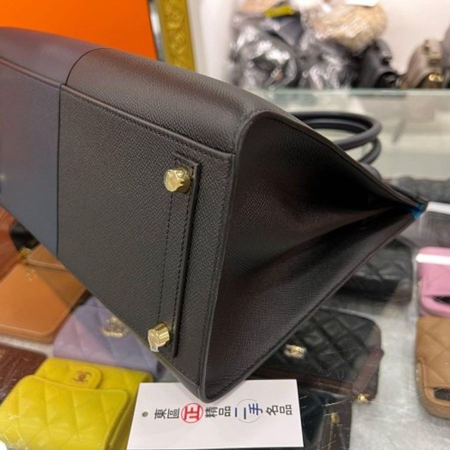 東區正精品㊣HERMES Birkin 30cm Sellier 近全新愛馬仕黑色弗裏達藍色靛藍色拼接三色金釦外縫柏金手提包 Z刻 RZ6540-7