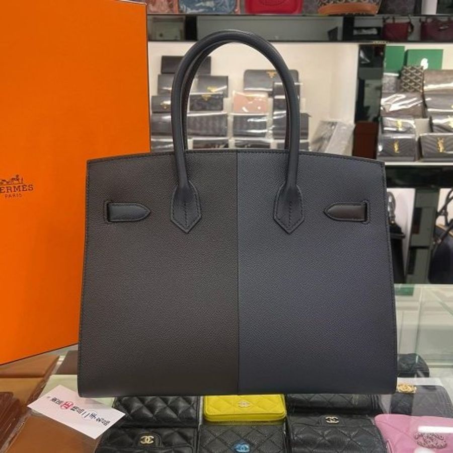 東區正精品㊣HERMES Birkin 30cm Sellier 近全新愛馬仕黑色弗裏達藍色靛藍色拼接三色金釦外縫柏金手提包 Z刻 RZ6540-13