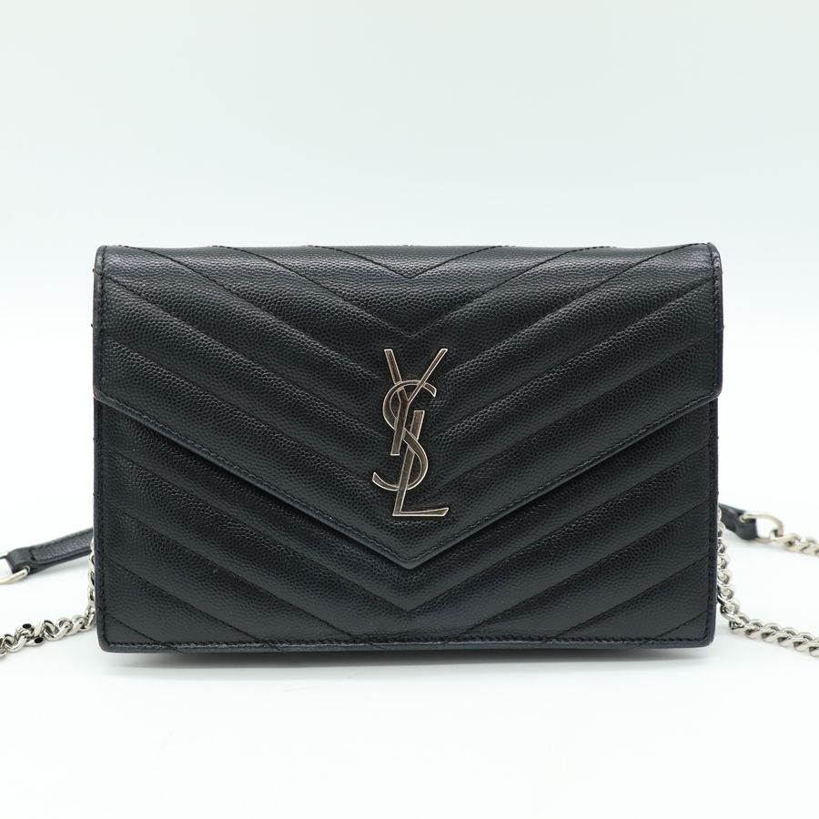 Ysl 銀色金屬鏈條的黑色魚子醬紋牛皮 Cassandra 信封包-2