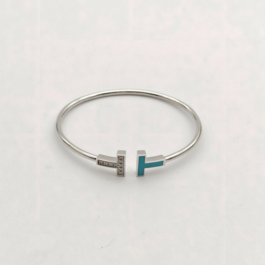 TIFFANY&CO TiffanyT線圈手鐲中號綠松石半鑽18K白金/鑽石15號-1