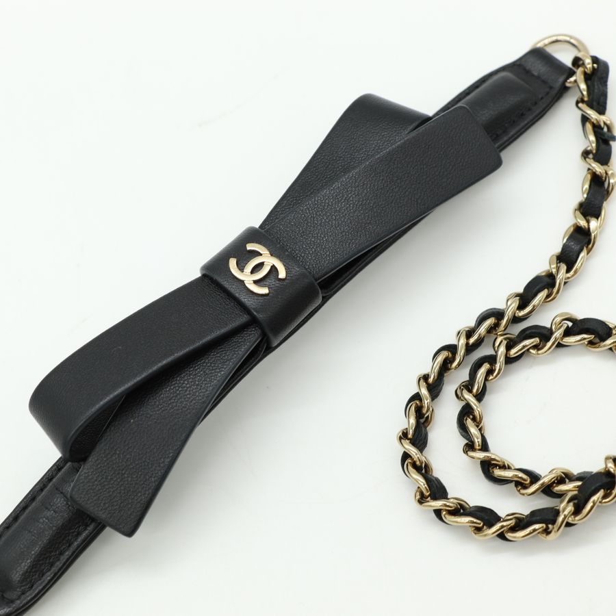 Chanel 香奈兒 經典雙C LOGO小羊皮蝴蝶結鍊帶斜背卡包 WOC-2
