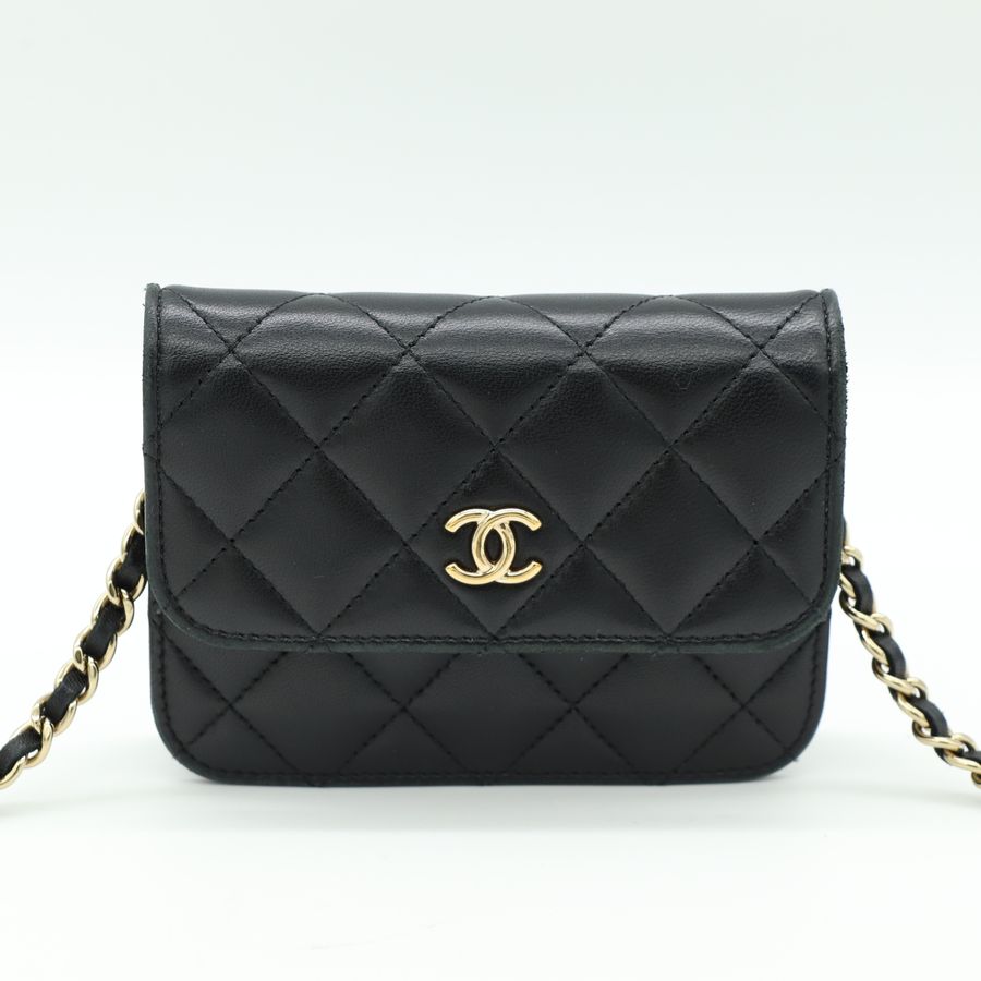 Chanel 香奈兒 經典雙C LOGO小羊皮蝴蝶結鍊帶斜背卡包 WOC-6