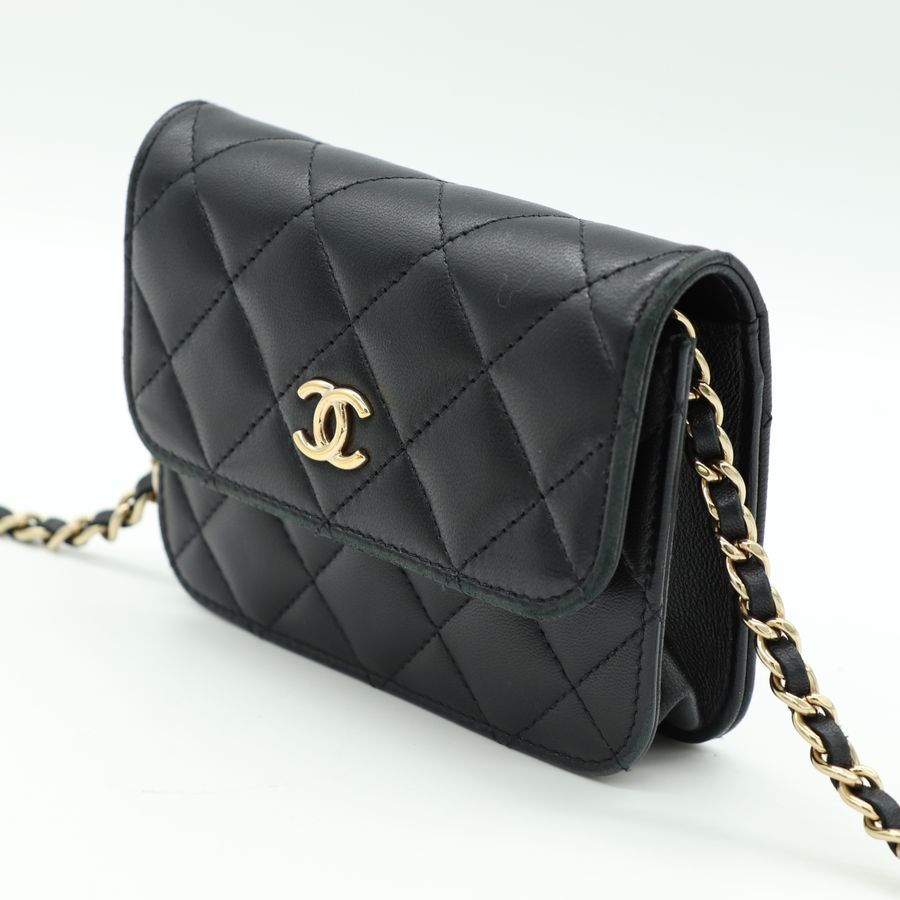 Chanel 香奈兒 經典雙C LOGO小羊皮蝴蝶結鍊帶斜背卡包 WOC-8