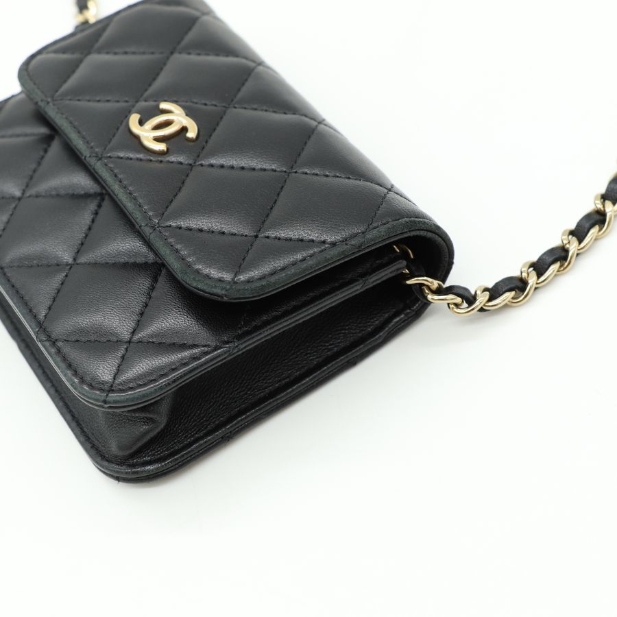 Chanel 香奈兒 經典雙C LOGO小羊皮蝴蝶結鍊帶斜背卡包 WOC-13