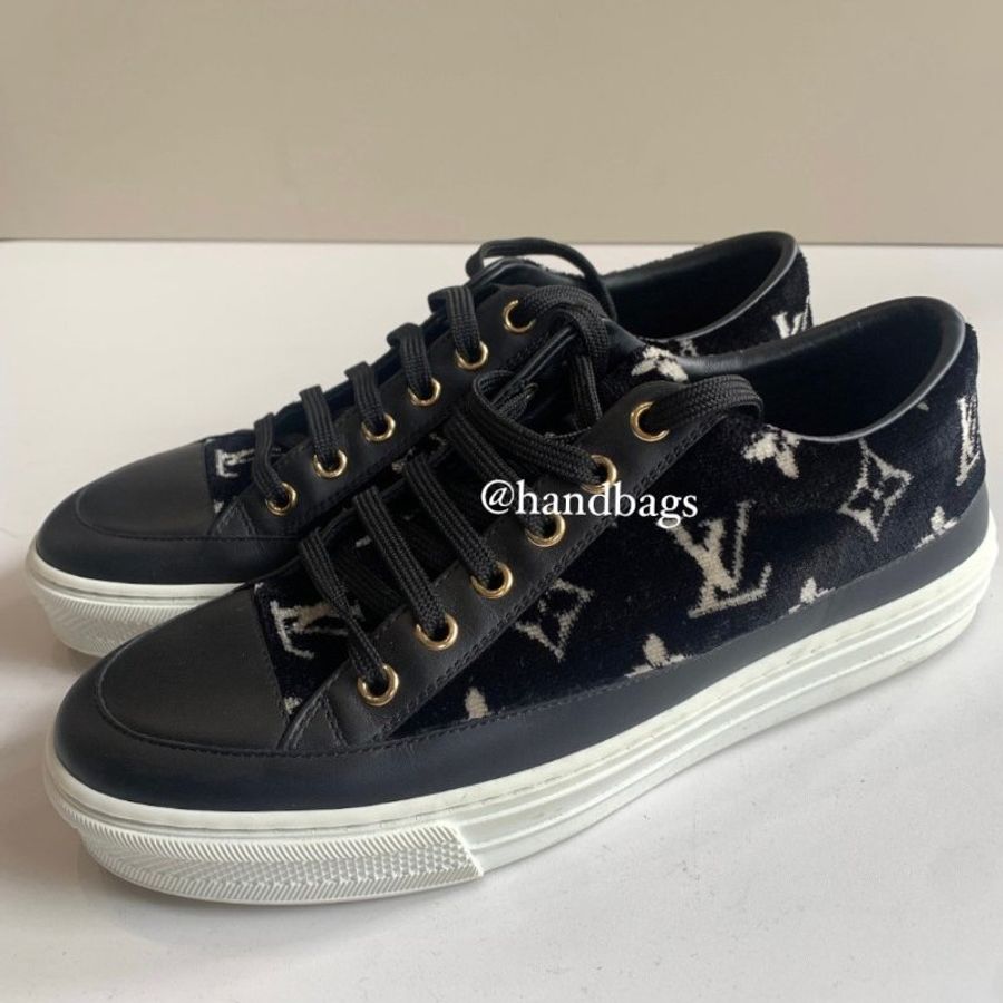 LV 黑色 絨布 老花 拼接 皮革 Logo 厚底 休閒鞋 版鞋 EU37 現貨-0