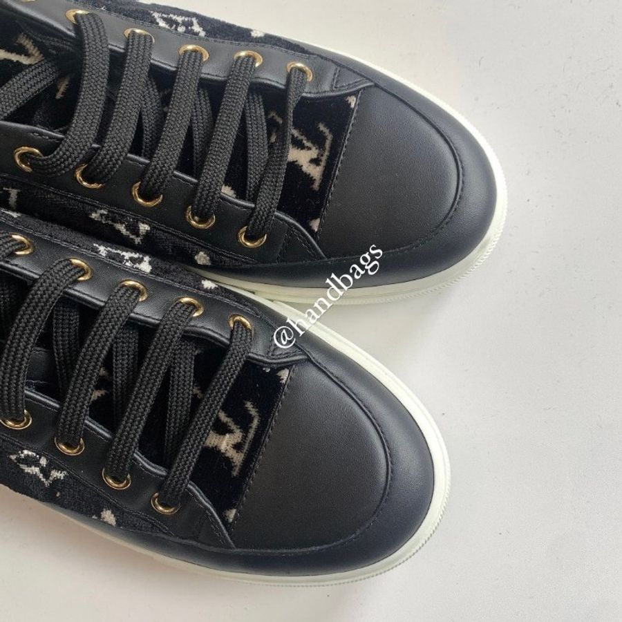 LV 黑色 絨布 老花 拼接 皮革 Logo 厚底 休閒鞋 版鞋 EU37 現貨-1