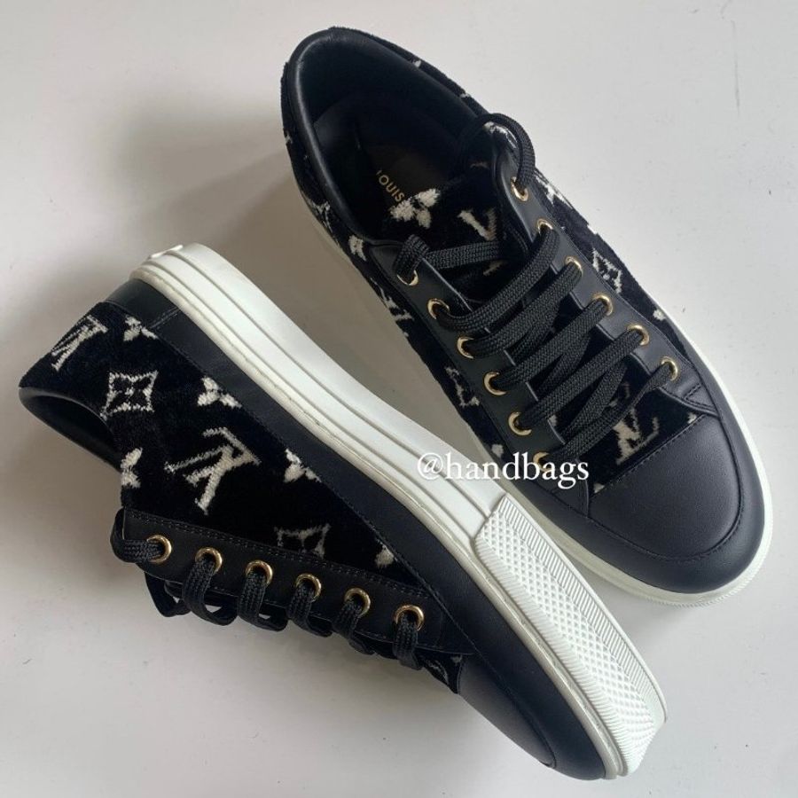LV 黑色 絨布 老花 拼接 皮革 Logo 厚底 休閒鞋 版鞋 EU37 現貨-2