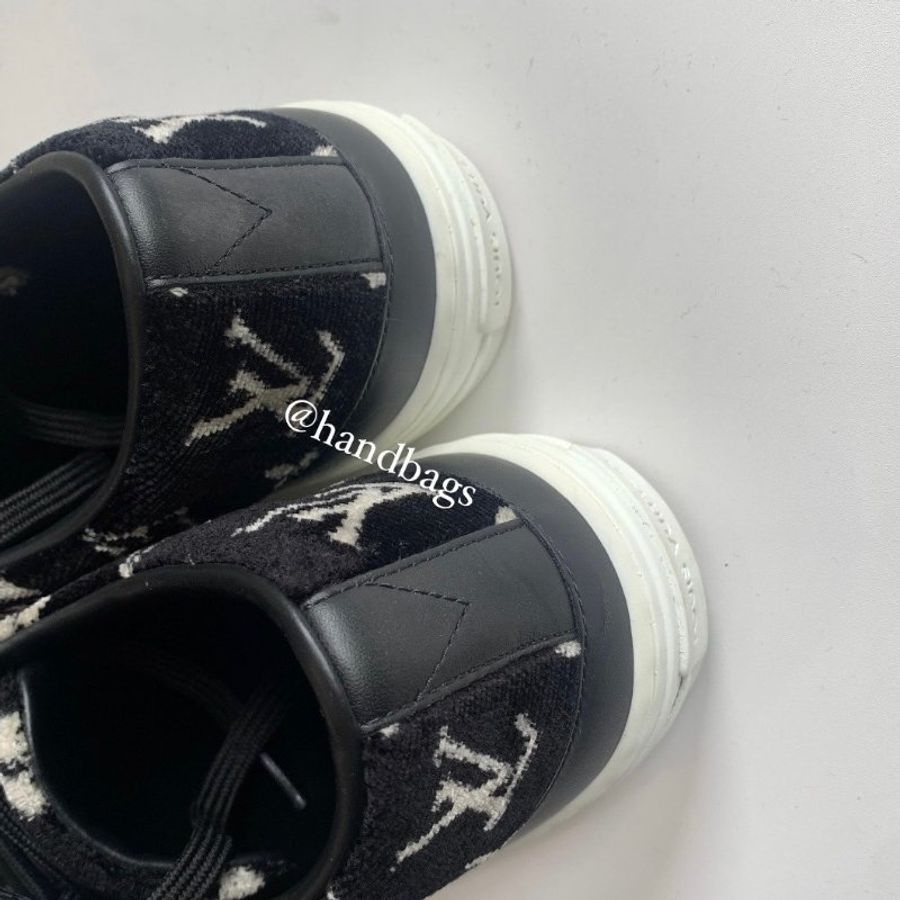 LV 黑色 絨布 老花 拼接 皮革 Logo 厚底 休閒鞋 版鞋 EU37 現貨-3
