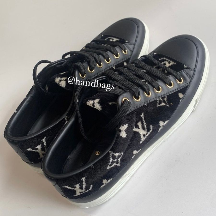 LV 黑色 絨布 老花 拼接 皮革 Logo 厚底 休閒鞋 版鞋 EU37 現貨-4