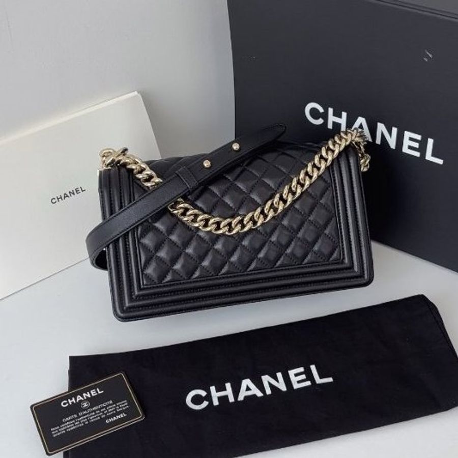 閒置新 香奈兒/Chanel Leboy 黑金羊皮中號 鏈條肩背斜背包-1
