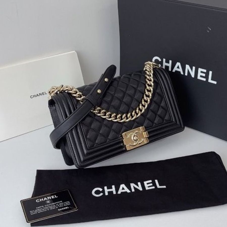 閒置新 香奈兒/Chanel Leboy 黑金羊皮中號 鏈條肩背斜背包-2