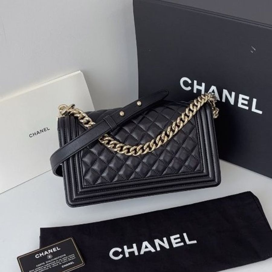 閒置新 香奈兒/Chanel Leboy 黑金羊皮中號 鏈條肩背斜背包-6