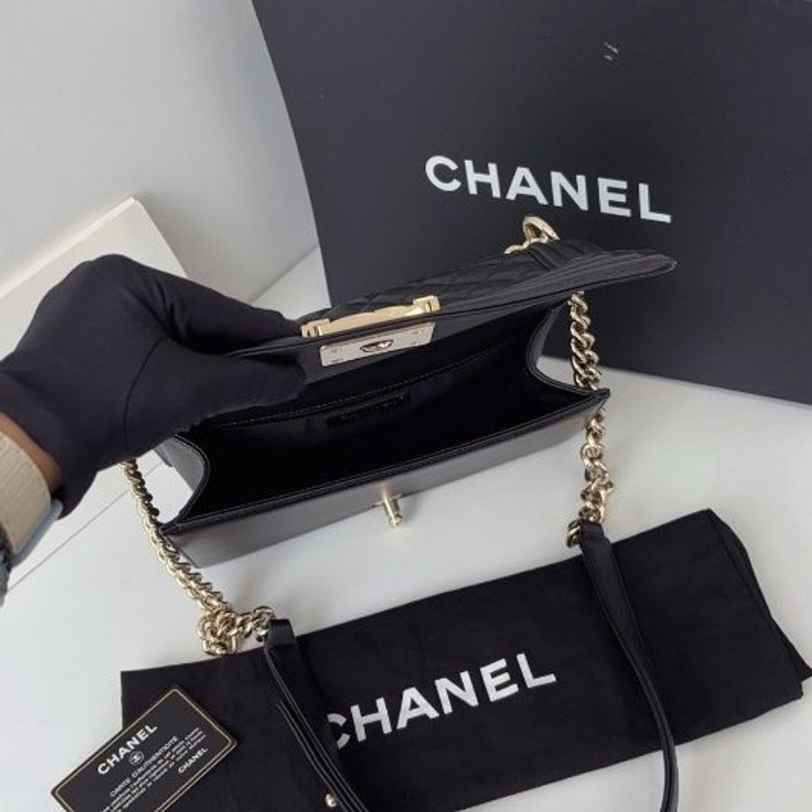 閒置新 香奈兒/Chanel Leboy 黑金羊皮中號 鏈條肩背斜背包-8
