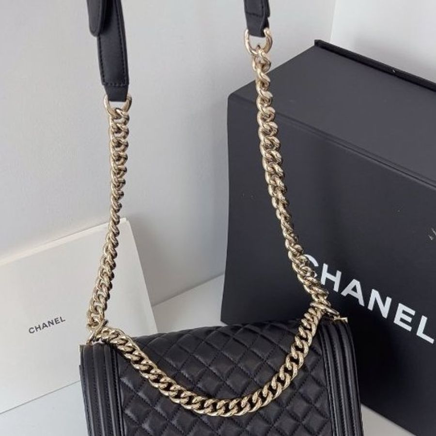 閒置新 香奈兒/Chanel Leboy 黑金羊皮中號 鏈條肩背斜背包-9