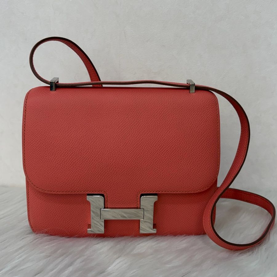 HERMES MINI Constance 18 EPSOM 淺粉橘 淡藕粉 銀釦 康康 斜背包 肩背包-0
