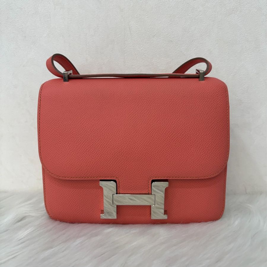 HERMES MINI Constance 18 EPSOM 淺粉橘 淡藕粉 銀釦 康康 斜背包 肩背包-1