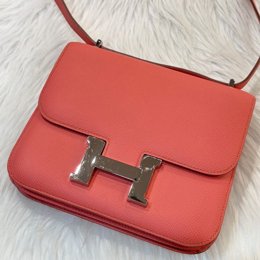 HERMES MINI Constance 18 EPSOM 淺粉橘 淡藕粉 銀釦 康康 斜背包 肩背包-82