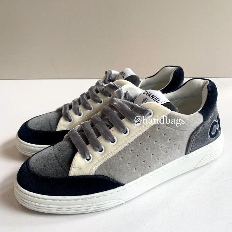 CHANEL 黑灰 絨布 撞色 拼接 Logo 字母 休閒鞋 板鞋 EU38 現貨-0