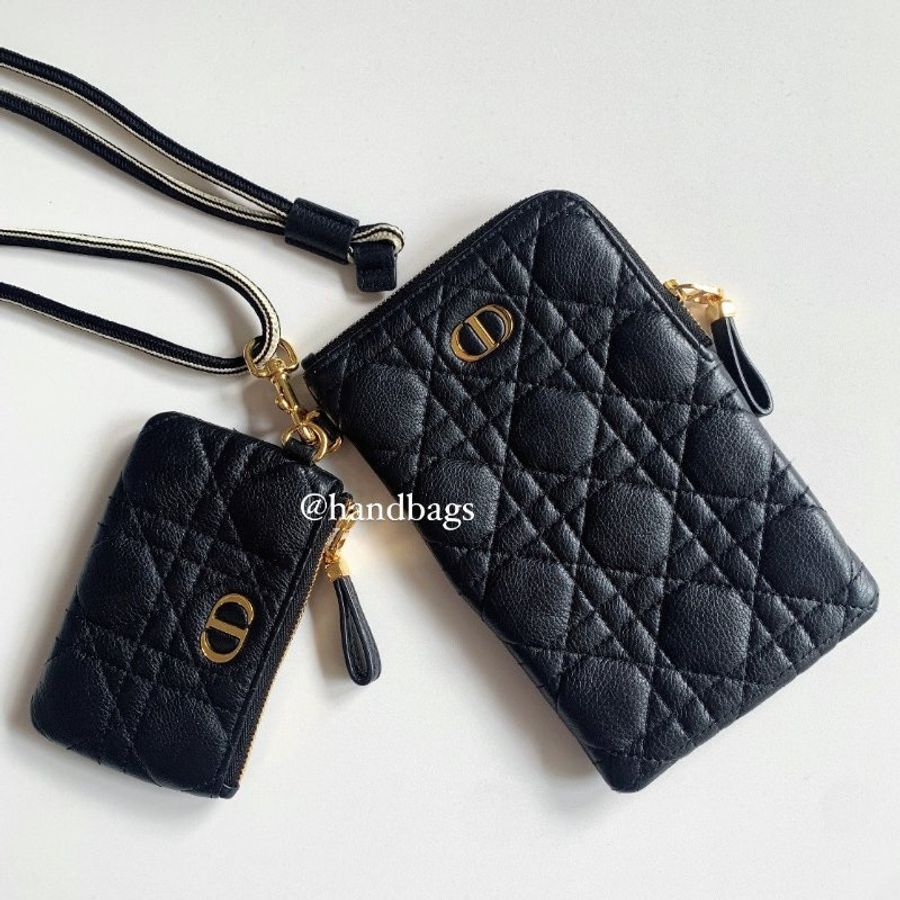 DIOR CARO 黑色 小牛皮 藤格紋 Logo 多功能 手機包 子母包 95新 現貨LW-0