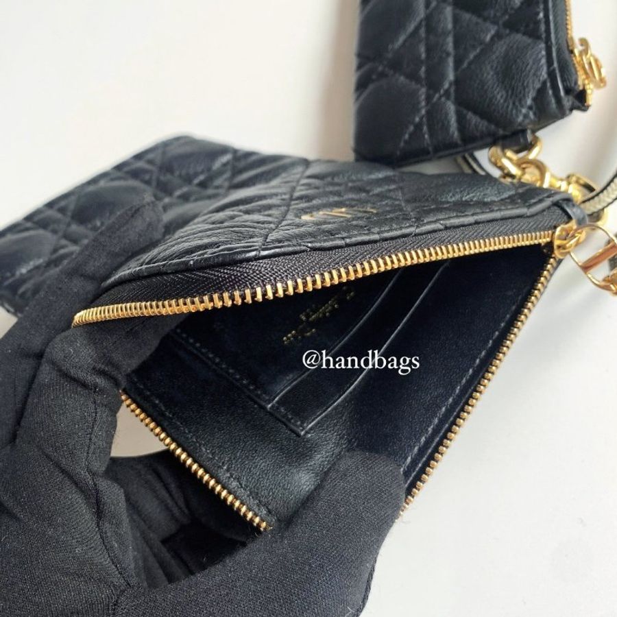 DIOR CARO 黑色 小牛皮 藤格紋 Logo 多功能 手機包 子母包 95新 現貨LW-4