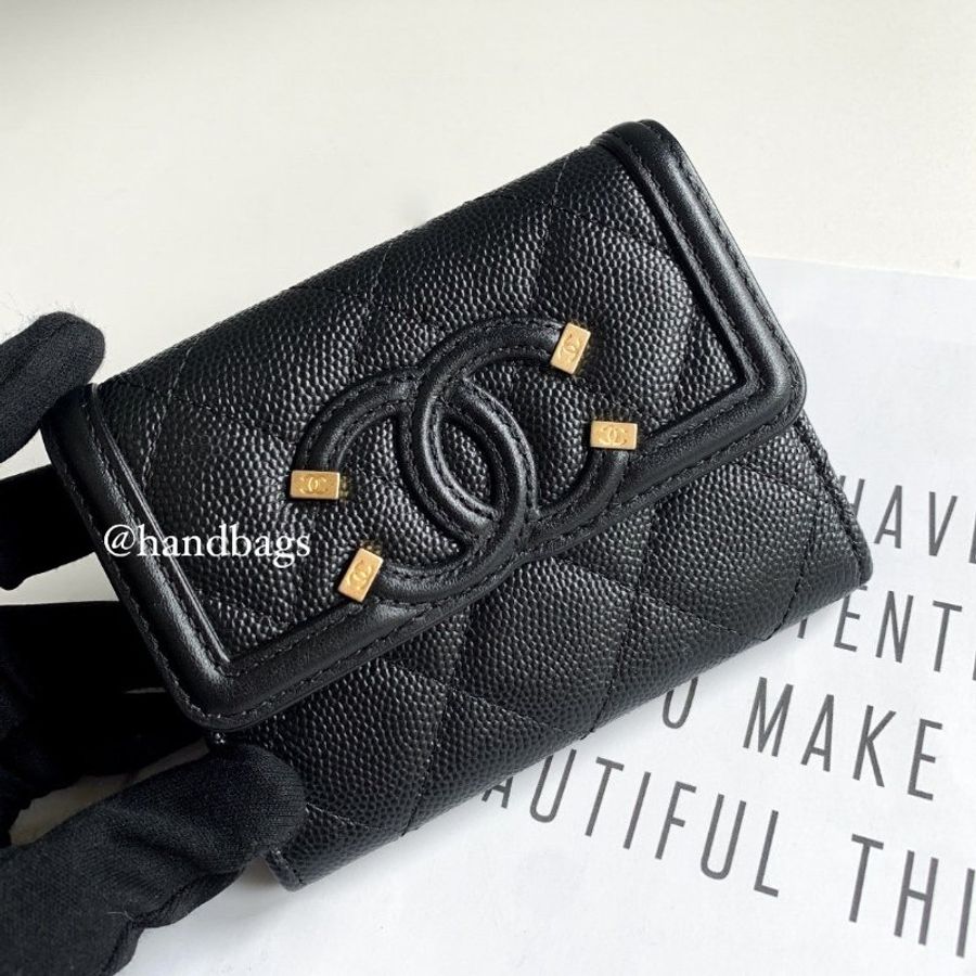 CHANEL Filigree Vanity 黑色 荔枝牛皮 雙層 卡包 零錢包 A81460 現貨LW-1